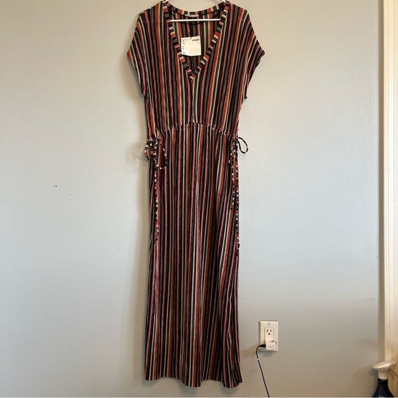 NWT Zara Trafaluc Multicolored V Neck Striped Maxi Dress Sz M Stretch Drawstring - Picture 1 of 10